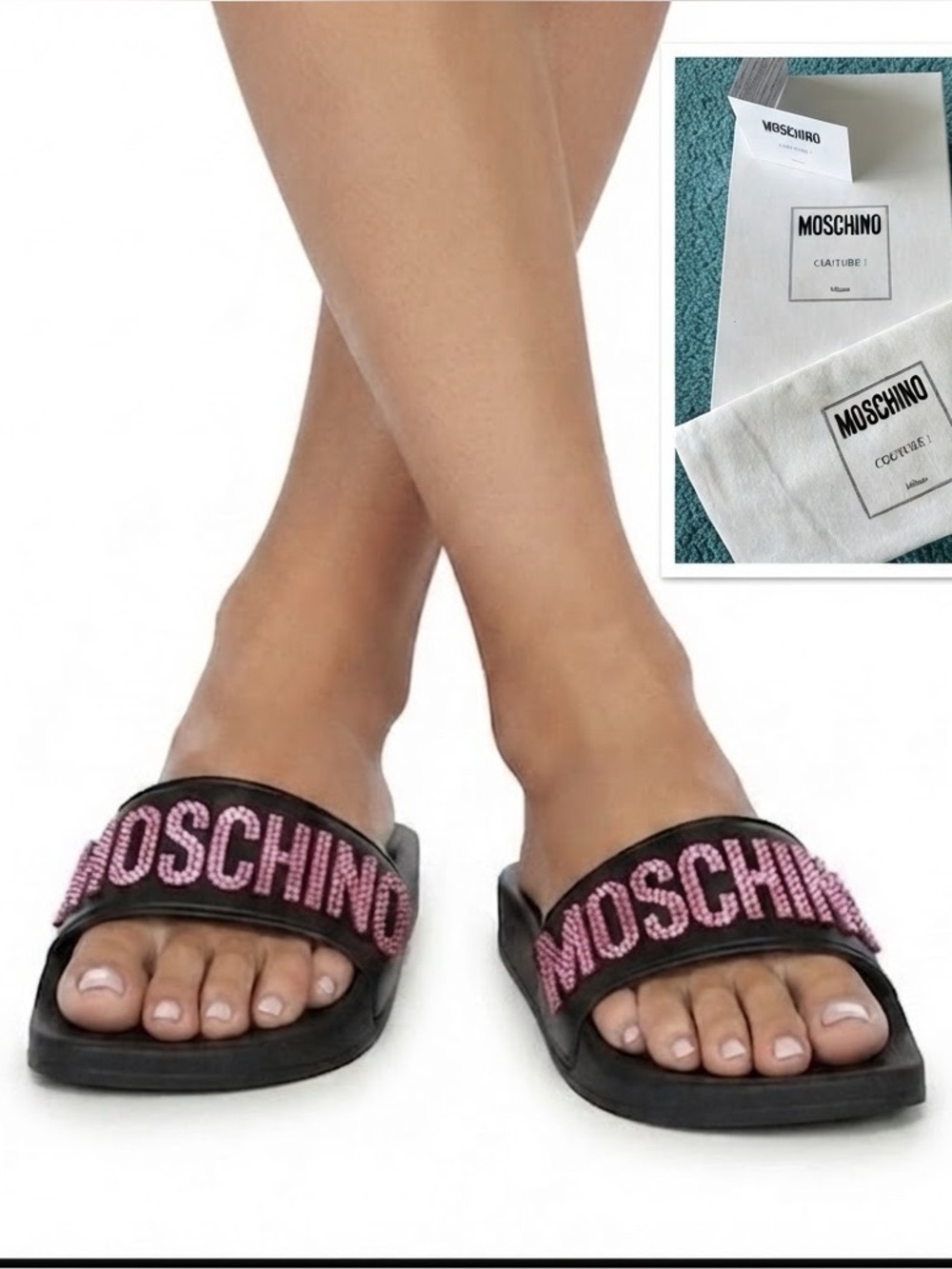 Moschino Black Slides with Pink Crystal Logo